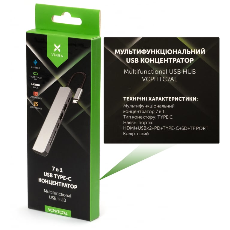 Концентратор Vinga Type-C to 4K HDMI+2*USB3.0+SD+TF+PD+USB-C 3.1 Gen1 aluminium (VCPHTC7AL) - фото 5