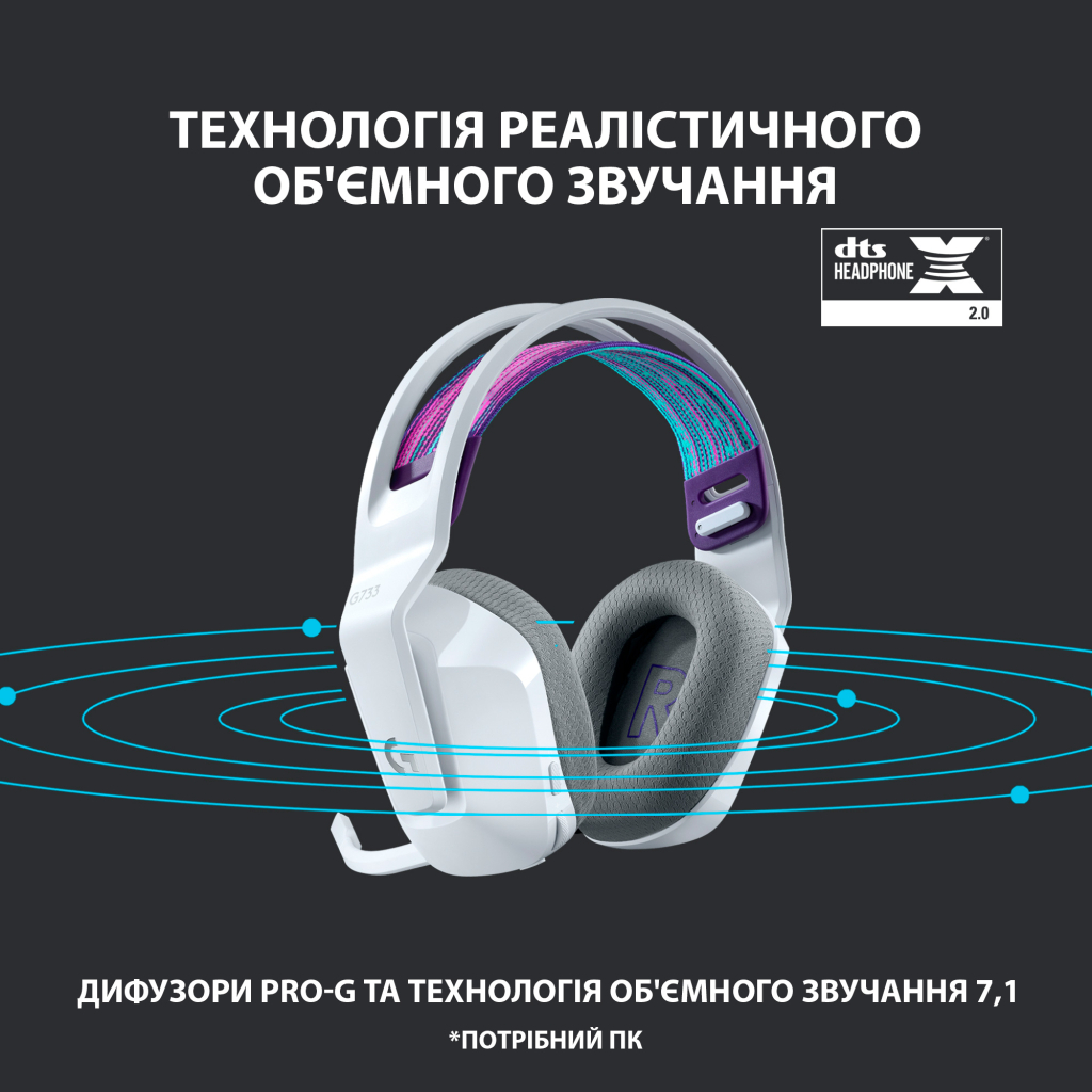 Навушники Logitech G733 Lightspeed Wireless RGB Gaming Headset White (981-000883) - фото 10 Навушники Logitech G733 Lightspeed Wireless RGB Gaming Headset White (981-000883) - фото 10