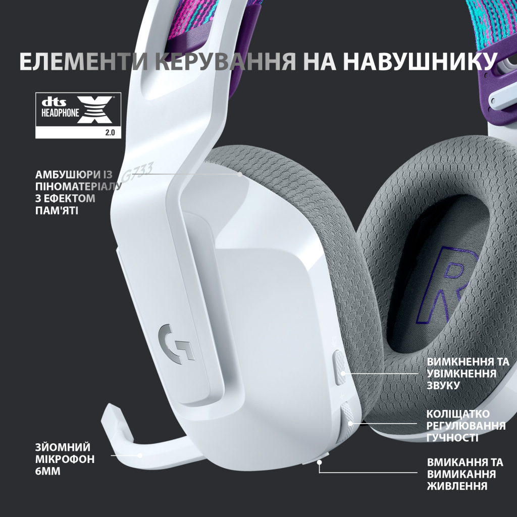 Навушники Logitech G733 Lightspeed Wireless RGB Gaming Headset White (981-000883) - фото 5 Навушники Logitech G733 Lightspeed Wireless RGB Gaming Headset White (981-000883) - фото 5