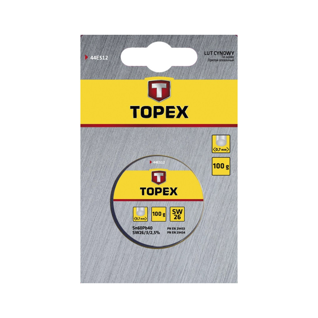 Припій для пайки Topex олов'яний 60%Sn, дрiт 0.7 мм,100 г (44E512) - фото 2 Припій для пайки Topex олов'яний 60%Sn, дрiт 0.7 мм,100 г (44E512) - фото 2