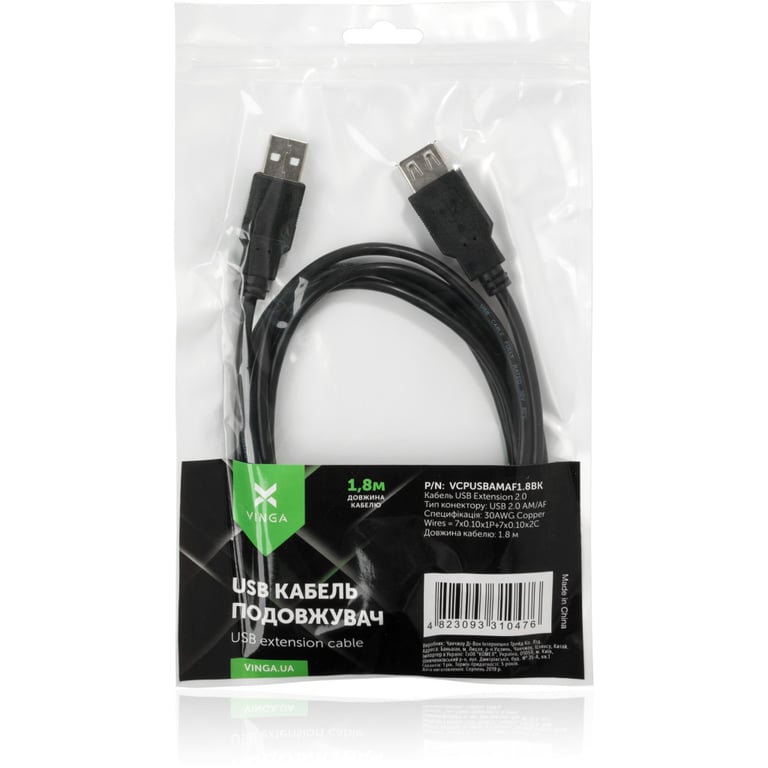 Дата кабель USB 2.0 AM/AF 3.0m Vinga (VCPUSBAMAF3BK) - фото 4