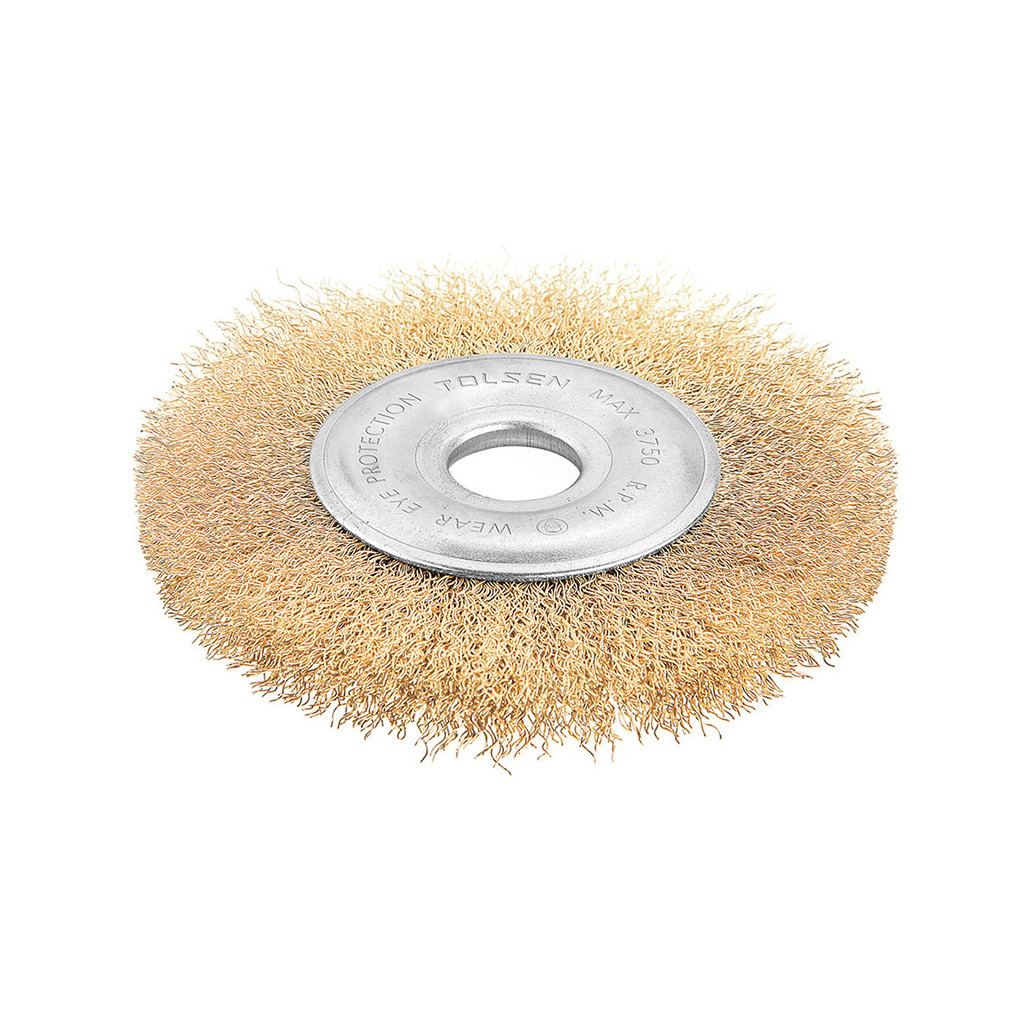 Щітка для електроінструменту Tolsen дискова 125 мм х 22.2 мм, гофрований латунований дріт 0.3 мм (77527) - фото 1 Щітка для електроінструменту Tolsen дискова 125 мм х 22.2 мм, гофрований латунований дріт 0.3 мм (77527) - фото 1