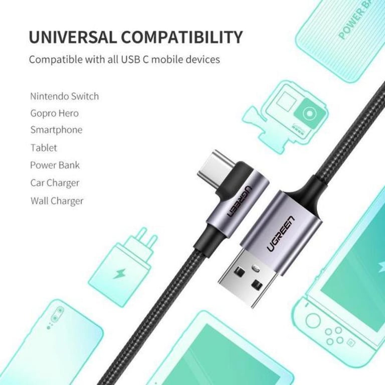 Дата кабель USB 2.0 AM to USB-C 1.0m US284 Angled Alum. Braid Black Ugreen (50941) - фото 5