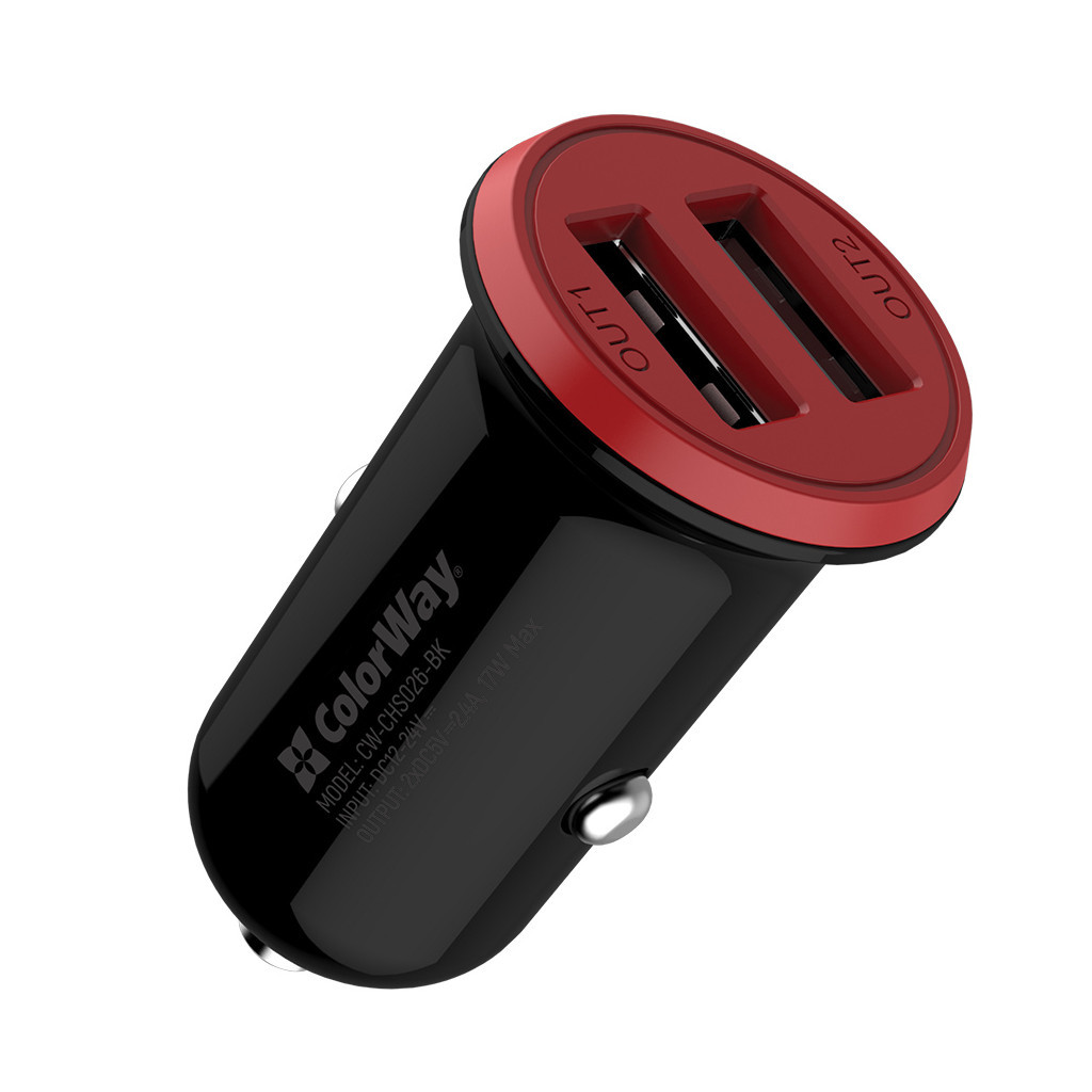 Зарядний пристрій ColorWay 2USB AUTO ID 3.4A (17W) red/black (CW-CHA026-BK) - фото 1 Зарядний пристрій ColorWay 2USB AUTO ID 3.4A (17W) red/black (CW-CHA026-BK) - фото 1