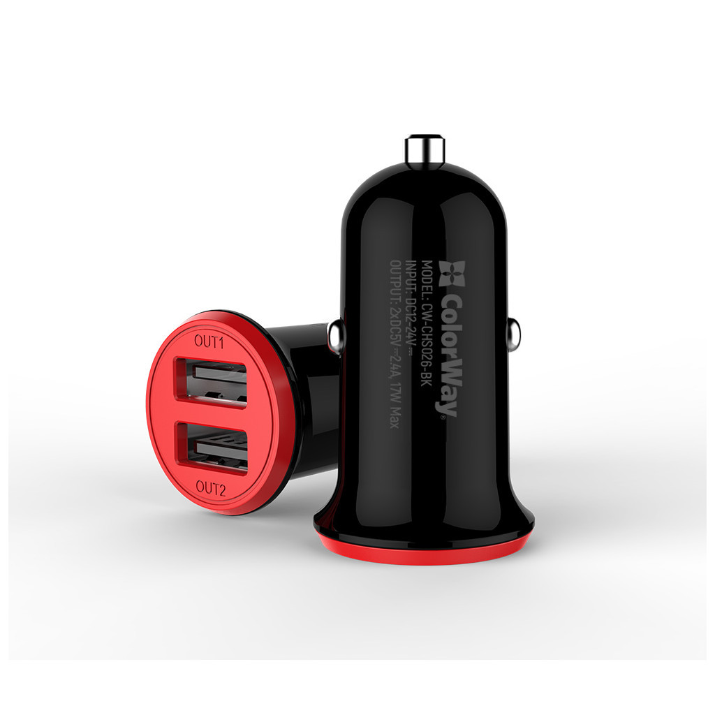 Зарядний пристрій ColorWay 2USB AUTO ID 3.4A (17W) red/black (CW-CHA026-BK) - фото 3 Зарядний пристрій ColorWay 2USB AUTO ID 3.4A (17W) red/black (CW-CHA026-BK) - фото 3