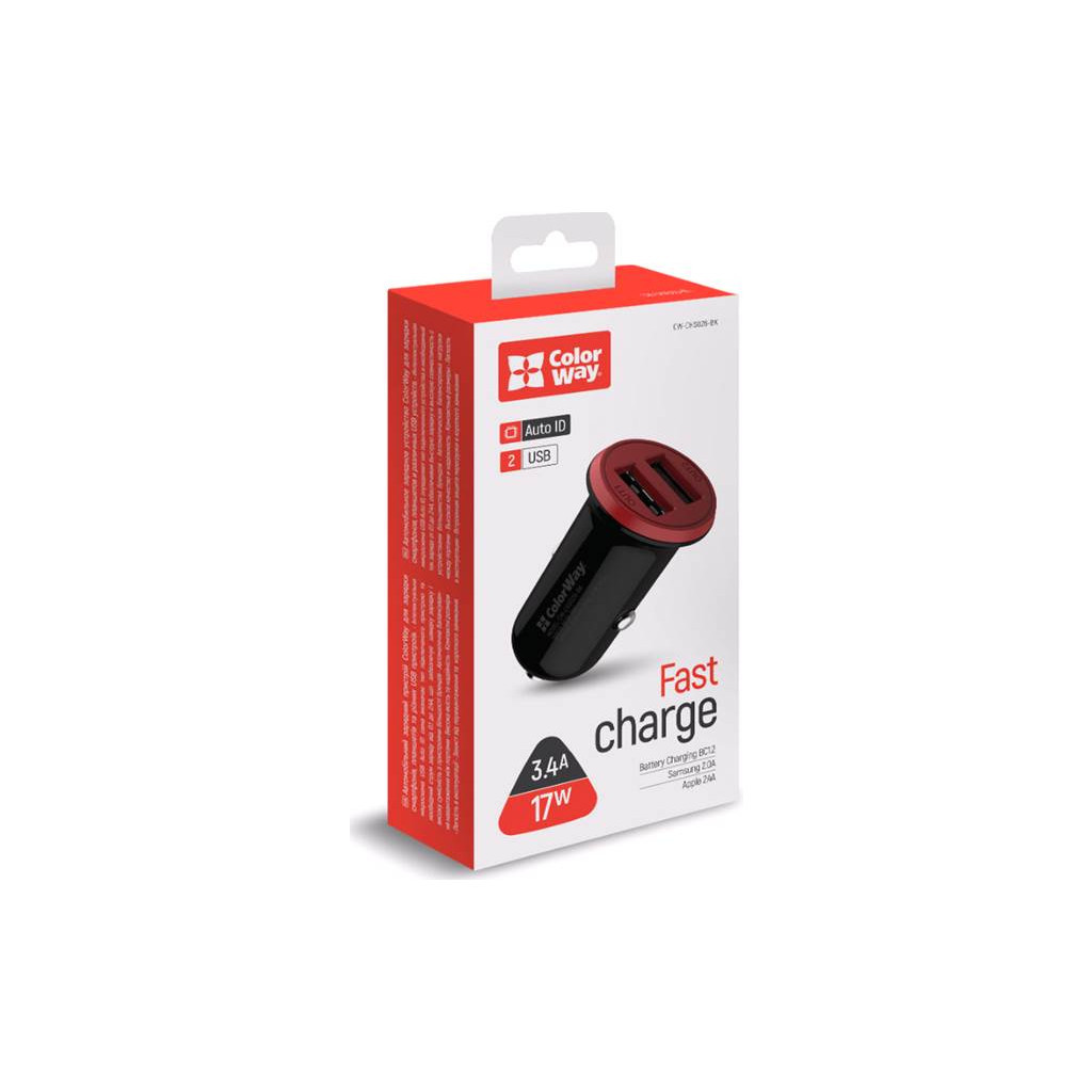 Зарядний пристрій ColorWay 2USB AUTO ID 3.4A (17W) red/black (CW-CHA026-BK) - фото 4 Зарядний пристрій ColorWay 2USB AUTO ID 3.4A (17W) red/black (CW-CHA026-BK) - фото 4
