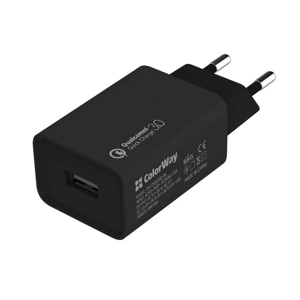 Зарядний пристрій ColorWay 1USB Quick Charge 3.0 (18W) black (CW-CHS013Q-BK) - фото 1