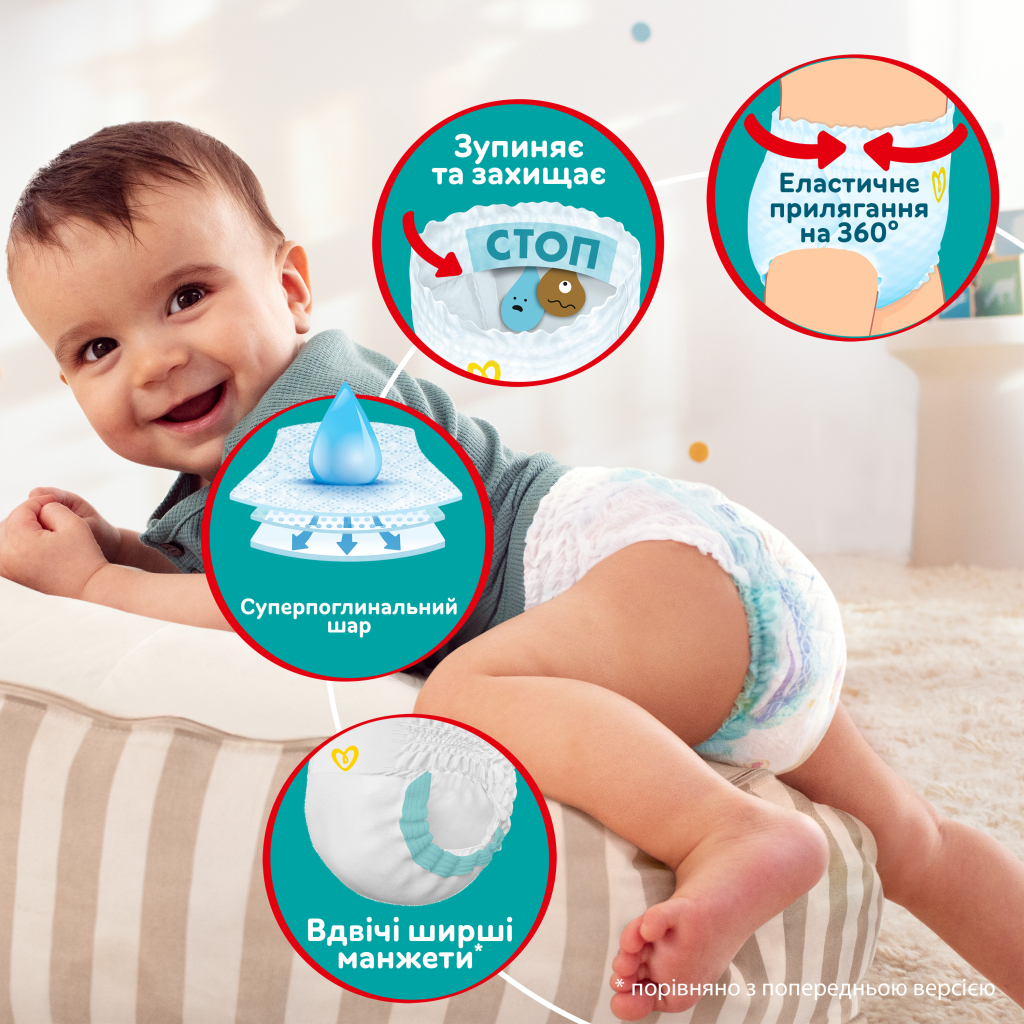 Підгузки Pampers трусики Pants Giant Розмір 6 (14-19 кг) 132 шт (8006540068632) - фото 4 Підгузки Pampers трусики Pants Giant Розмір 6 (14-19 кг) 132 шт (8006540068632) - фото 4