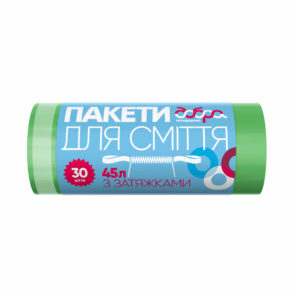 Пакети для сміття Добра Господарочка з затяжками зелені 45 л 30 шт. (4820086521901) - фото 1 Пакети для сміття Добра Господарочка з затяжками зелені 45 л 30 шт. (4820086521901) - фото 1
