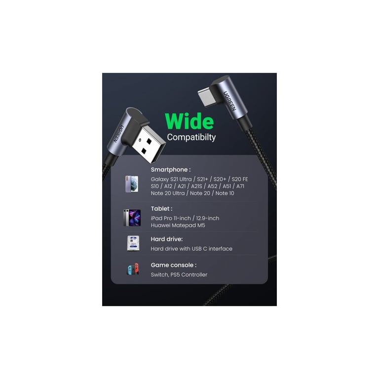 Дата кабель USB 2.0 AM to Type-C 1.0m US176 Both Angled 3A (Black) Ugreen (20856) - фото 8