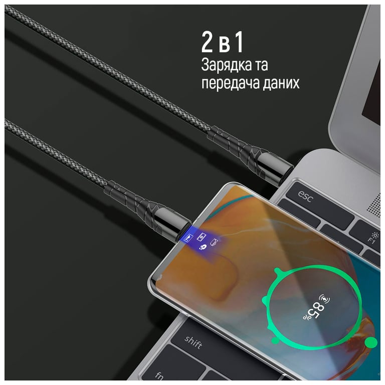Дата кабель USB-C to USB-C 1.0m PD Fast Charging 65W 3А grey ColorWay (CW-CBPDCC040-GR) - фото 4