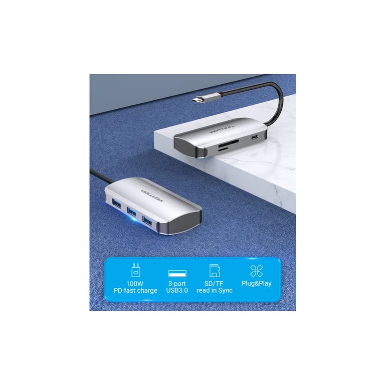 Концентратор Vention USB3.1 Type-C --> USB 3.0x3/SD/TF/PD 100W Hub 6-in-1 (TNHHB) - фото 2