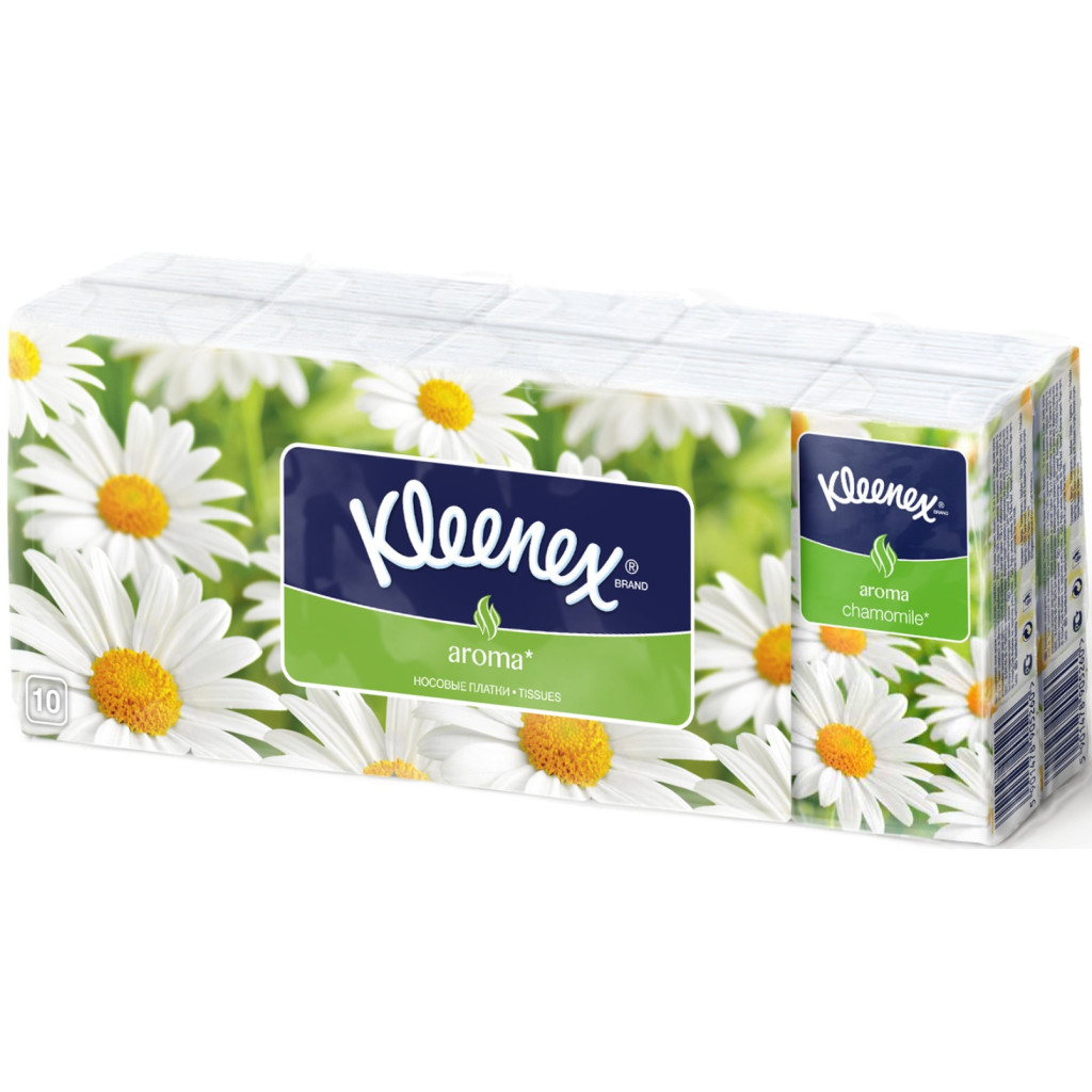 Серветки косметичні Kleenex Aroma з ароматом ромашки двошарові 10 пачок по 10 шт. (5901478905277) Серветки косметичні Kleenex Aroma з ароматом ромашки двошарові 10 пачок по 10 шт. (5901478905277)