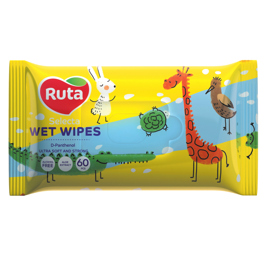 Вологі серветки Ruta Selecta Веселі звірята з екстрактом алое 60 шт. (4820202892441) - фото 1