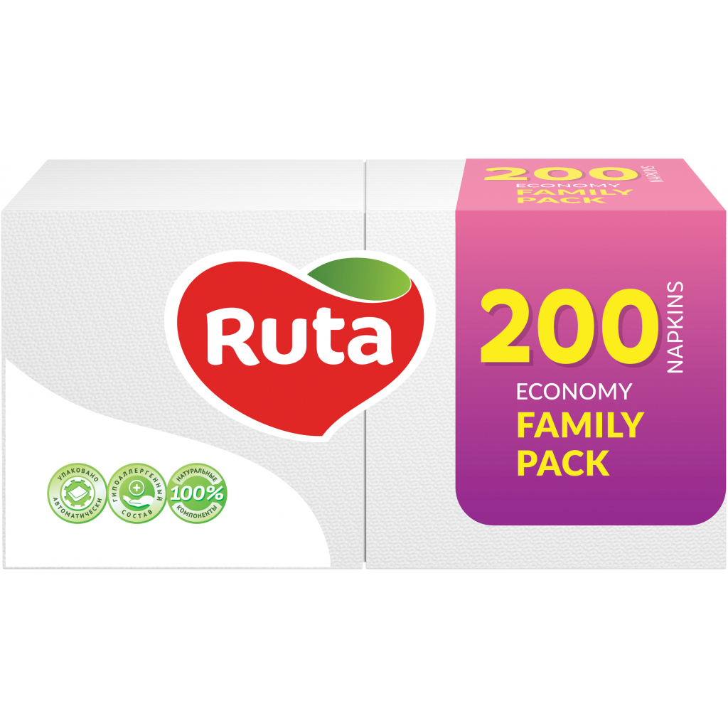 Серветки столові Ruta Family Pack 1 шар 24х24 см Білі 200 шт. (4820023743724) - фото 1 Серветки столові Ruta Family Pack 1 шар 24х24 см Білі 200 шт. (4820023743724) - фото 1