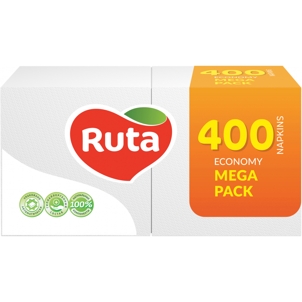 Серветки столові Ruta Mega Pack 1 шар 24х24 см Білі 400 шт. (4820023744622) - фото 1 Серветки столові Ruta Mega Pack 1 шар 24х24 см Білі 400 шт. (4820023744622) - фото 1