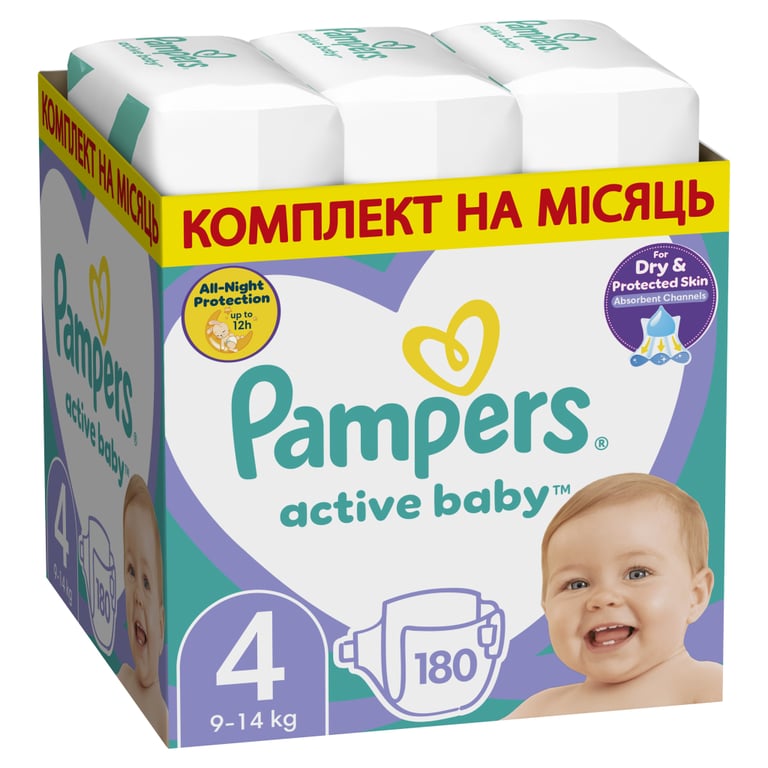Підгузки Pampers Active Baby Maxi Розмір 4 (9-14 кг), 180 шт. (8006540032725) - фото 1