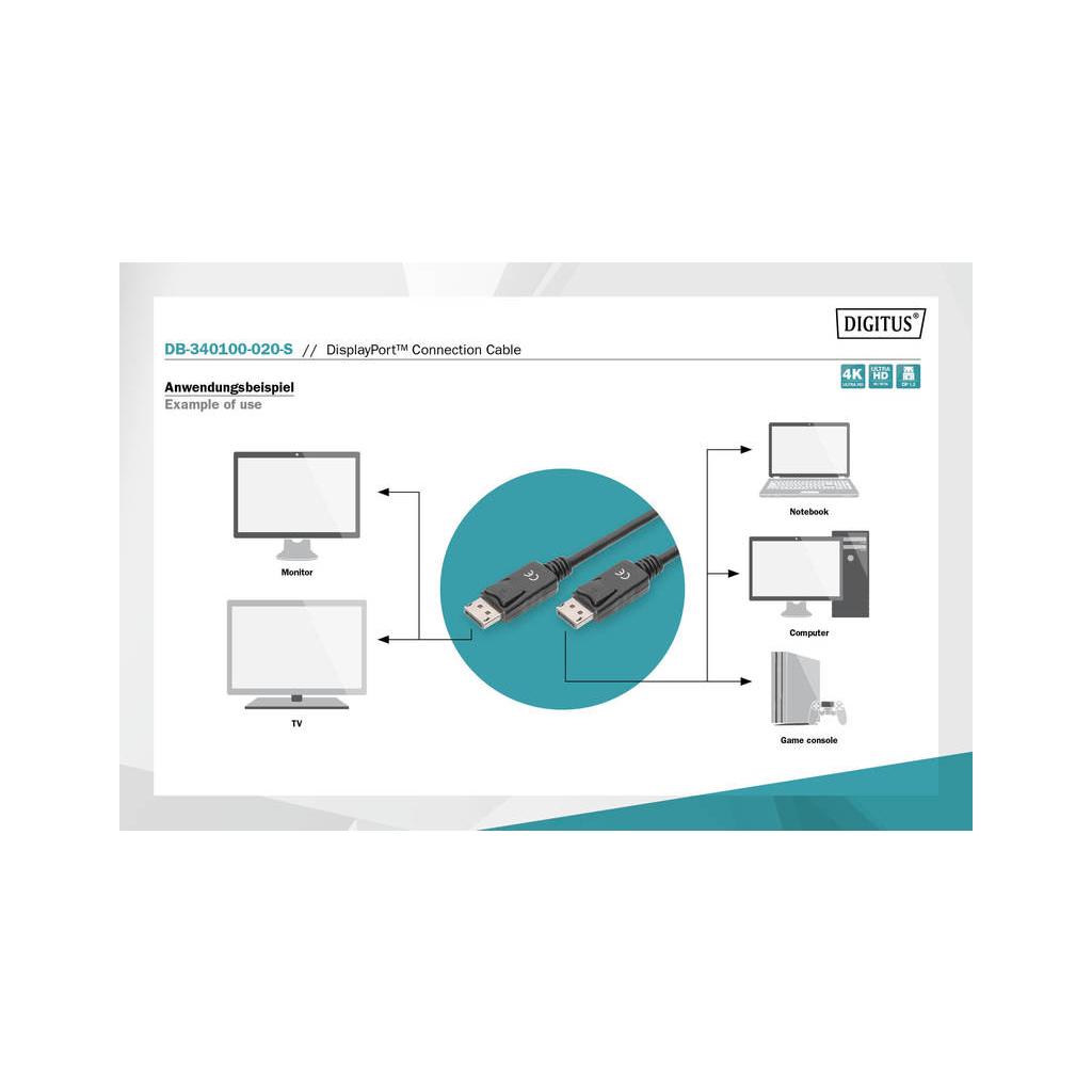 Кабель мультимедійний DisplayPort M to DisplayPort M 2.0m UHD 4K Digitus (DB-340100-020-S) - фото 3 Кабель мультимедійний DisplayPort M to DisplayPort M 2.0m UHD 4K Digitus (DB-340100-020-S) - фото 3