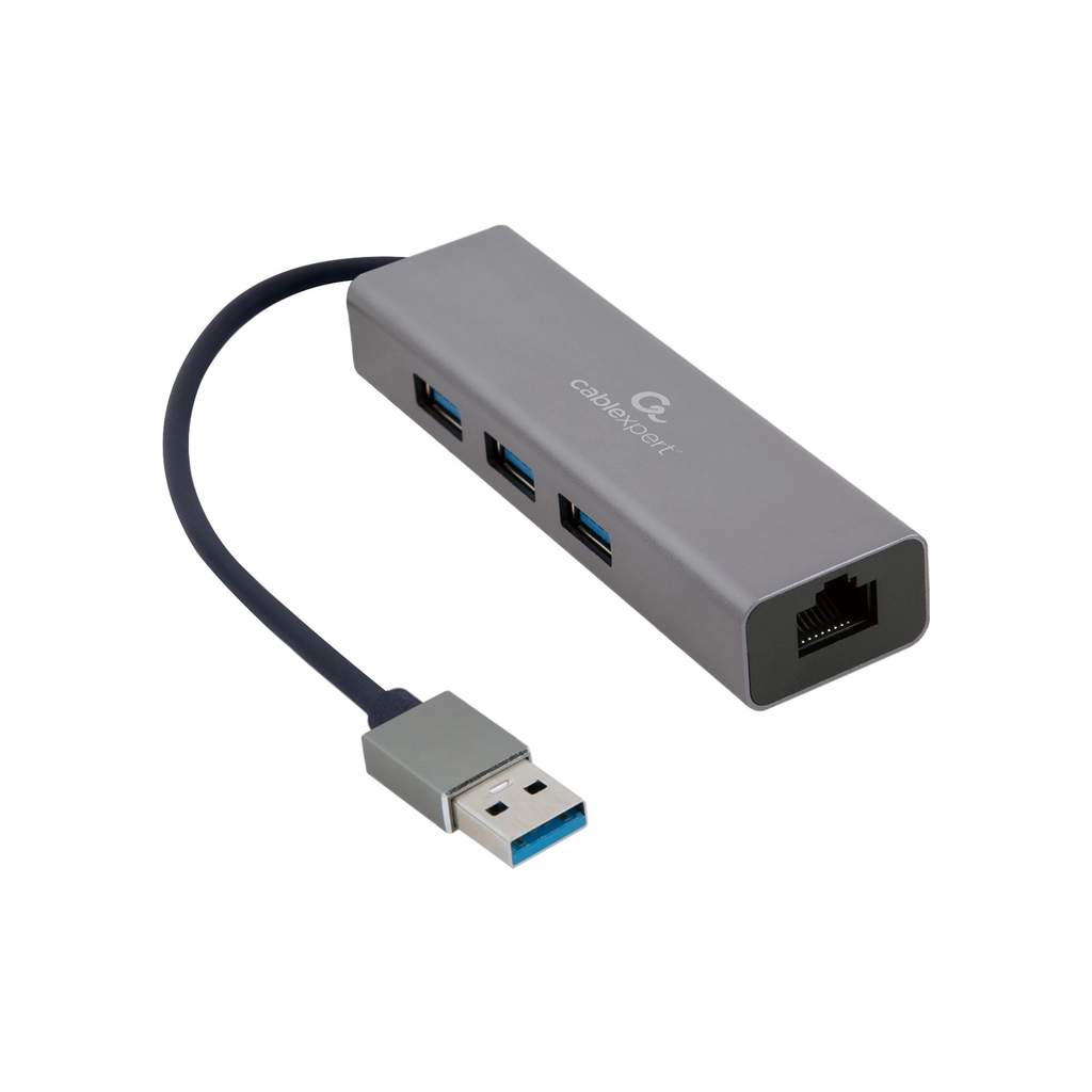 Концентратор USB-A to Gigabit Ethernet, 3 Ports USB 3.1 Gen1 Cablexpert (A-AMU3-LAN-01) - фото 1