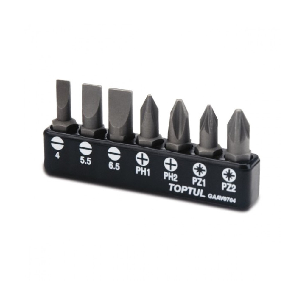 Набір біт Toptul 1/4" 7од. (SL: 4*0.5, 5.5*1, 6.5*1.2; PH1, PH2; PZ1, PZ2) (GAAV0704) - головне фото