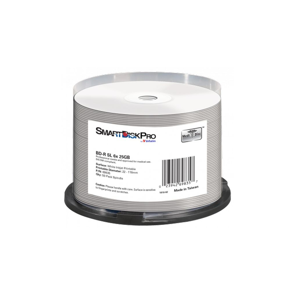 Диск BD SmartDisk PRO BD-R 25GB 6X White InkJet Printable WRAP(22-118 мм) 50шт (69835) - фото 1