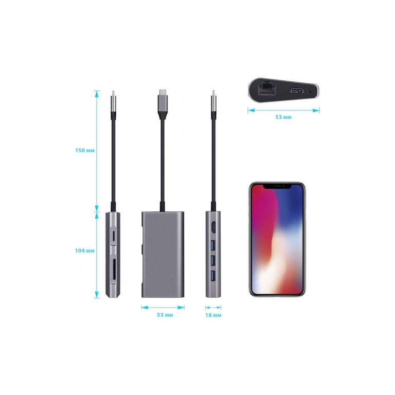 Концентратор Dynamode USB3.1 Type-C to HDMI, 3хUSB3.0, RJ45, USB Type-C Female, SD (Dock-USB-TypeC-HDMI-USB3.0-RJ45) - фото 5