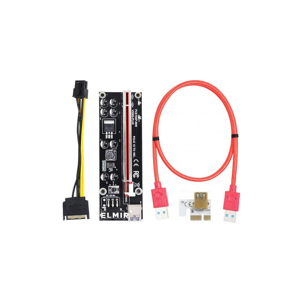 Райзер Dynamode PCI-E x1 to 16x 60cm USB 3.0 Red Cable SATA to 6Pin Power v. (RX-riser 009S Plus) - фото 1