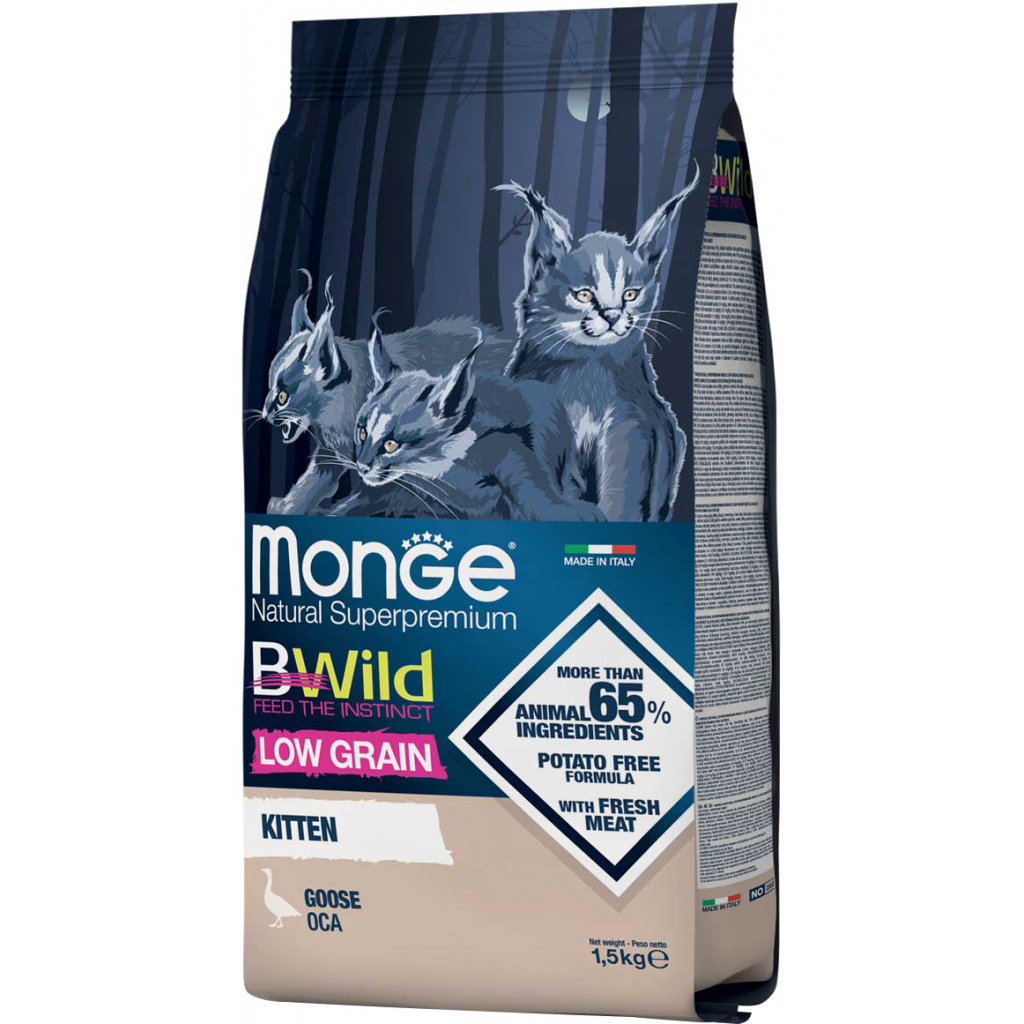 Сухий корм для кішок Monge Cat Bwild Low Grain kitten з м'ясом гуски 1.5 кг (8009470012041) - фото 1 Сухий корм для кішок Monge Cat Bwild Low Grain kitten з м'ясом гуски 1.5 кг (8009470012041) - фото 1