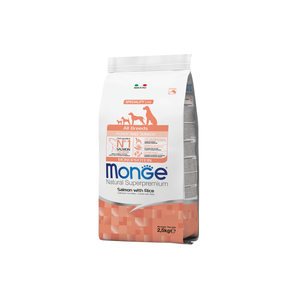 Сухий корм для собак Monge Dog All breeds Puppy&Junior зі смаком лосося та рису 2.5 кг (8009470011204) - фото 1