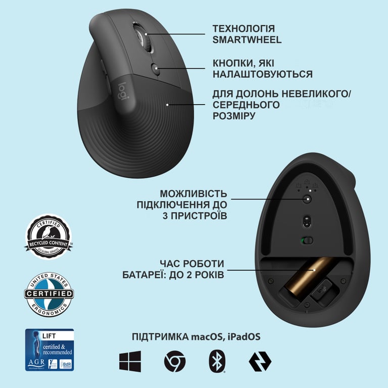 Мишка Logitech Lift Vertical Ergonomic Wireless/Bluetooth Graphite (910-006473) - фото 6