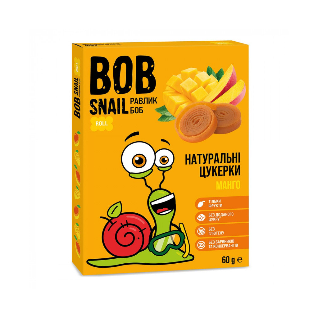 Цукерка Bob Snail Равлик Боб натуральні Мангові 60 г (4820219340584) - фото 1 Цукерка Bob Snail Равлик Боб натуральні Мангові 60 г (4820219340584) - фото 1