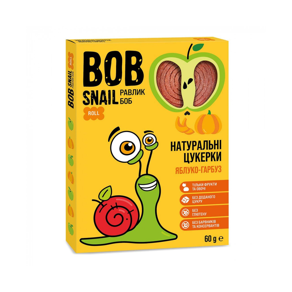 Цукерка Bob Snail Равлик Боб Яблучно-Гарбуз 60 г (4820162520200) - фото 1 Цукерка Bob Snail Равлик Боб Яблучно-Гарбуз 60 г (4820162520200) - фото 1