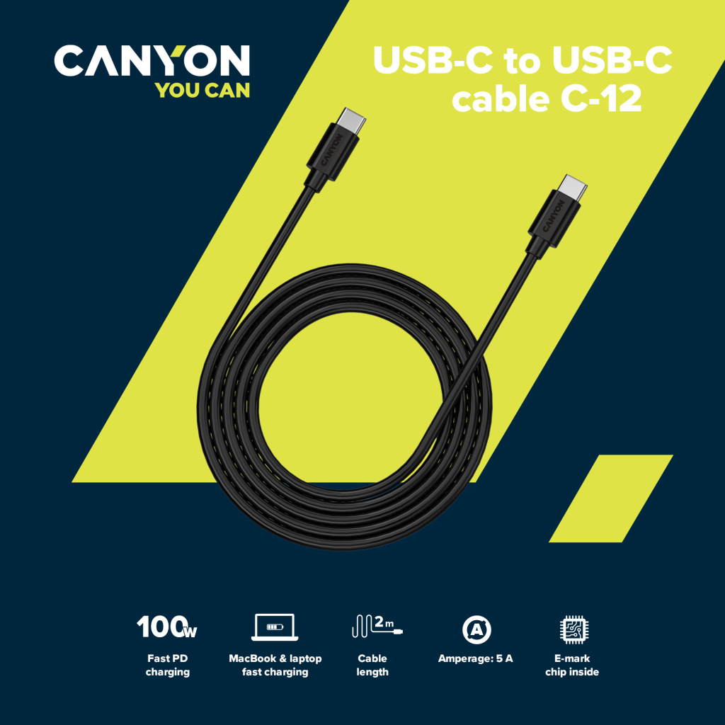 Дата кабель USB-C to USB-C 2.0m 100W 20V/ 5A black Canyon (CNS-USBC12B) - фото 3 Дата кабель USB-C to USB-C 2.0m 100W 20V/ 5A black Canyon (CNS-USBC12B) - фото 3