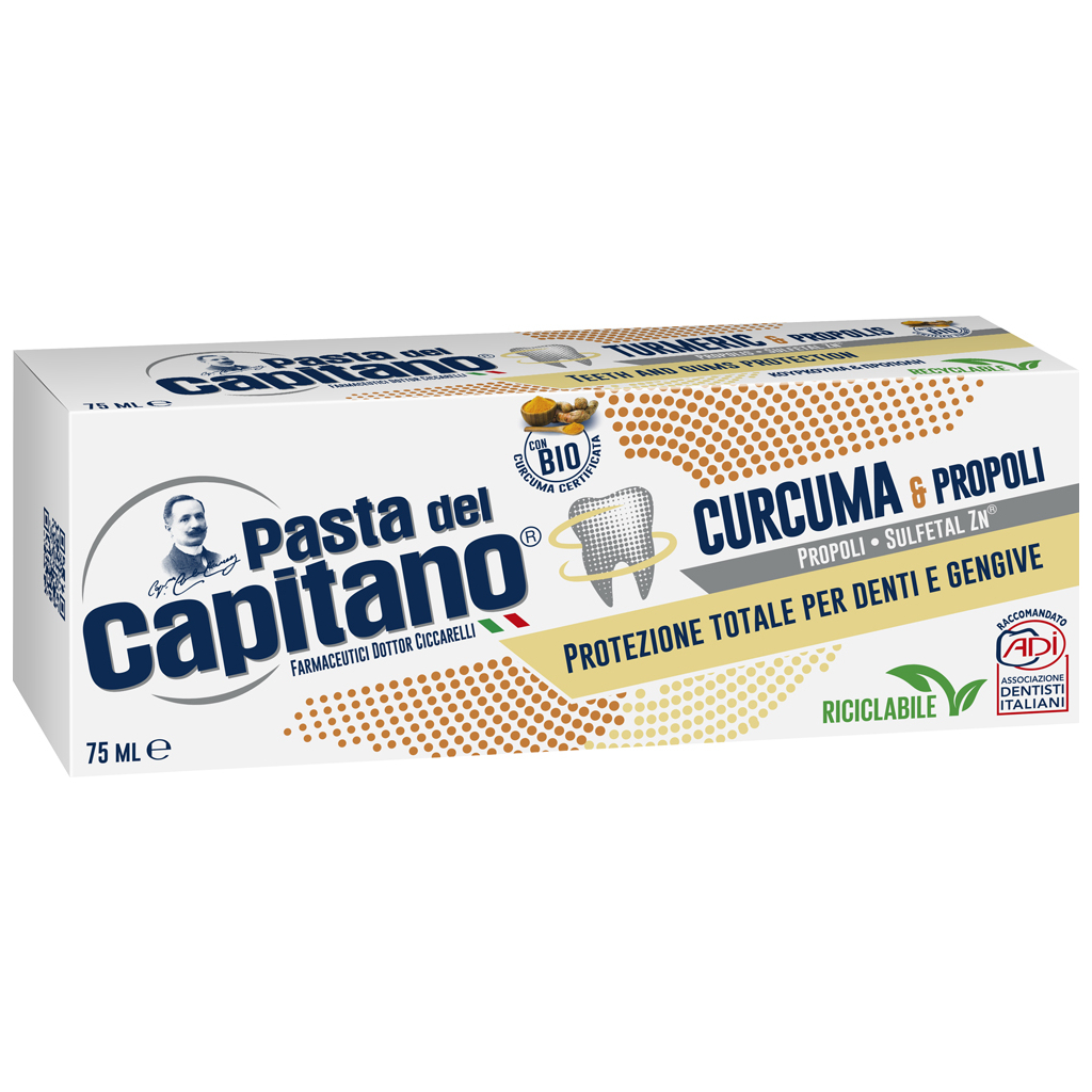 Зубна паста Pasta del Capitano Curcuma e Propoli Куркума і прополіс 75 мл (8002140032110) - фото 1 Зубна паста Pasta del Capitano Curcuma e Propoli Куркума і прополіс 75 мл (8002140032110) - фото 1