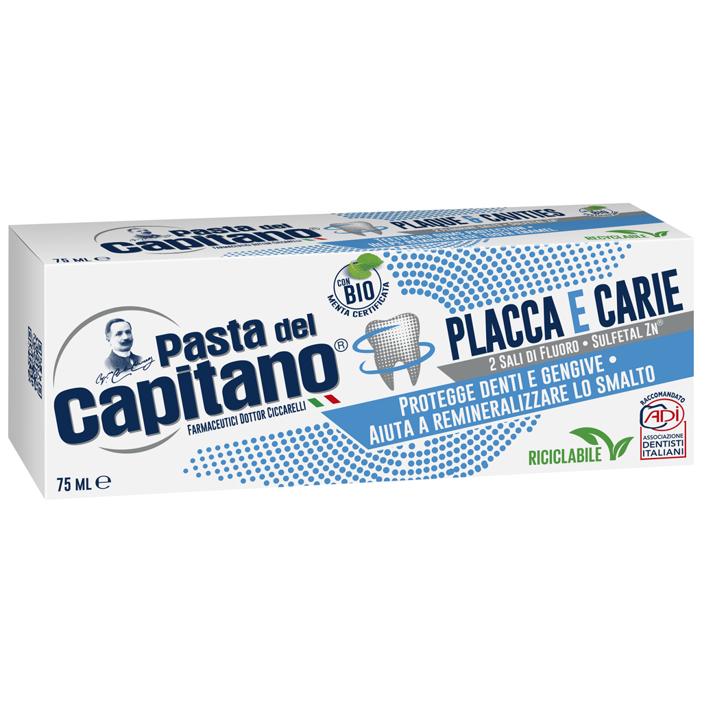 Зубна паста Pasta del Capitano Placca e Carie Проти карієсу та зубного нальоту 75 мл (8002140039010) - фото 1 Зубна паста Pasta del Capitano Placca e Carie Проти карієсу та зубного нальоту 75 мл (8002140039010) - фото 1