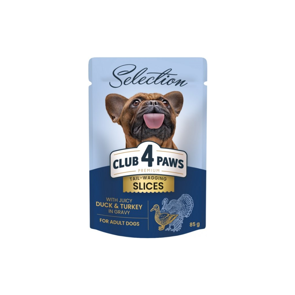 Вологий корм для собак Club 4 Paws Selection Плюс Шматочки з качкою та індичкою в соусі 85 г (4820215368049) - фото 1