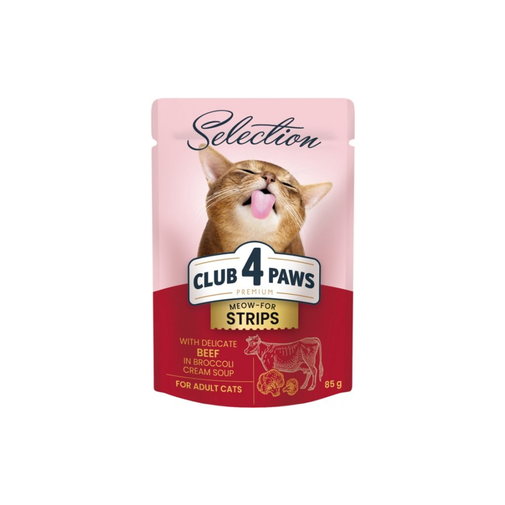 Вологий корм для кішок Club 4 Paws Selection Плюс Смужки з яловичиною в крем супі з броколі 85 г (4820215368100)