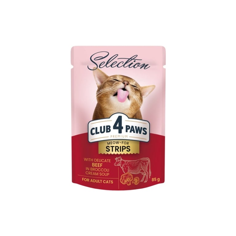 Вологий корм для кішок Club 4 Paws Selection Плюс Смужки з яловичиною в крем супі з броколі 85 г (4820215368100) - фото 1