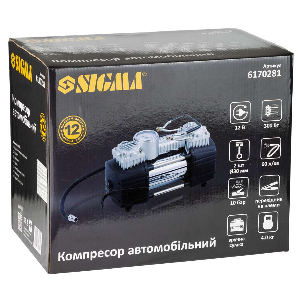 Автомобільний компресор Sigma 12В, 300Вт, 60л/мин, 10бар (6170281) - фото 10 Автомобільний компресор Sigma 12В, 300Вт, 60л/мин, 10бар (6170281) - фото 10