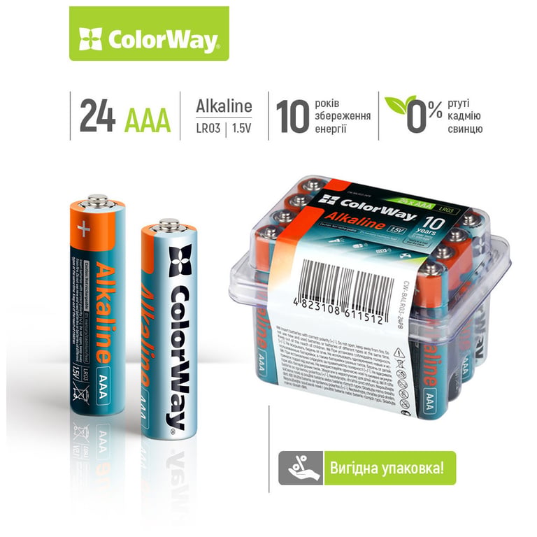 Батарейка ColorWay AAA LR03 Alkaline Power (лужні) * 24шт plastic box (CW-BALR03-24PB) - фото 2