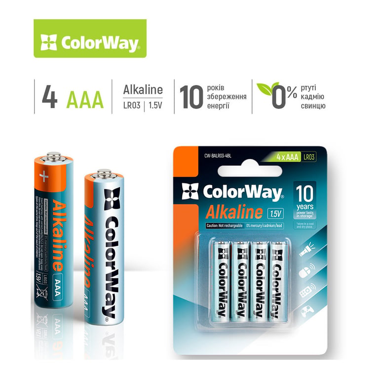 Батарейка ColorWay AAA LR03 Alkaline Power (лужні) * 4 blister (CW-BALR03-4BL) - фото 2