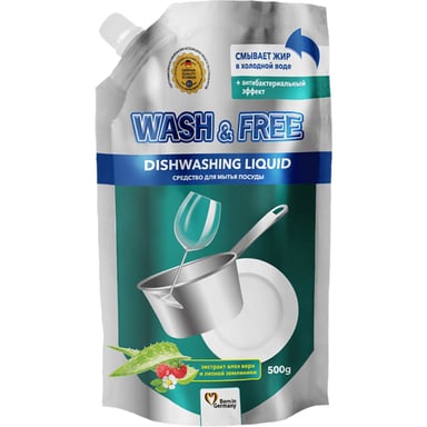 Засіб для ручного миття посуду Wash&Free екстракт алое вера та лісової суниці дой-пак 500 г (4260637724670) - фото 1