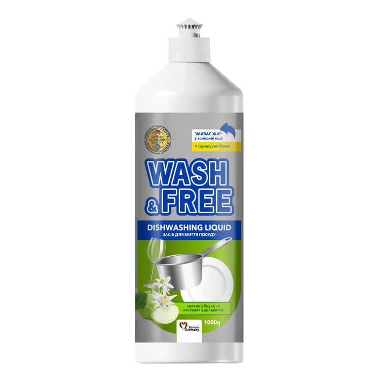 Засіб для ручного миття посуду Wash&Free Зелене яблуко та екстракт едельвейса 1000 г (4823128001379)