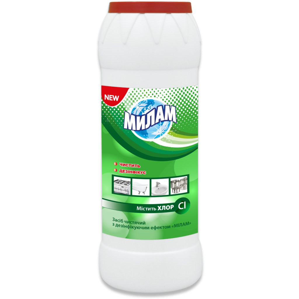 Порошок для чищення ванн Мілам з дезінфікуючим ефектом з хлором 500 г (4820152290670) - фото 1 Порошок для чищення ванн Мілам з дезінфікуючим ефектом з хлором 500 г (4820152290670) - фото 1