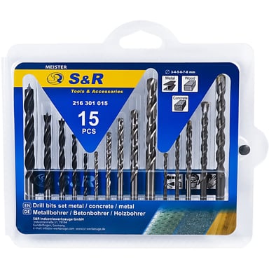Набір свердл S&R Meister 15шт.:3,4,5,6,8мм мет/дер/бетон (216301015) - фото 1