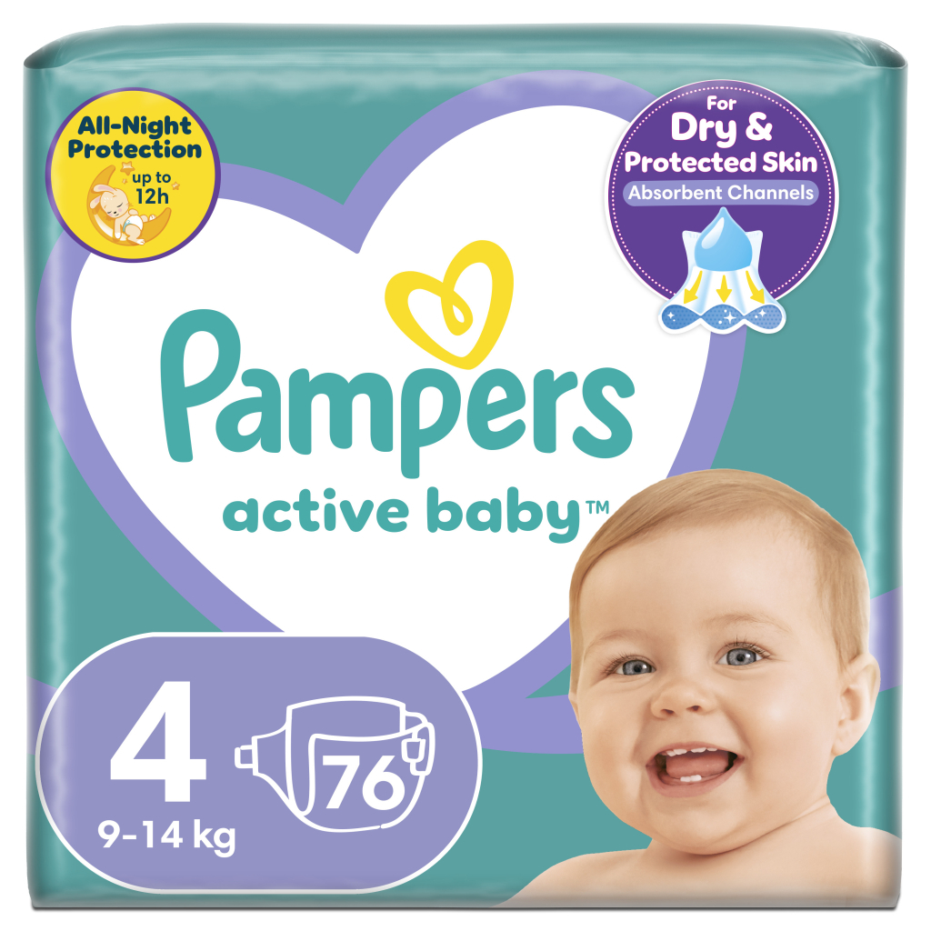 Підгузки Pampers Active Baby Maxi Розмір 4 (9-14 кг) 76 шт (8001090949615) - фото 1 Підгузки Pampers Active Baby Maxi Розмір 4 (9-14 кг) 76 шт (8001090949615) - фото 1