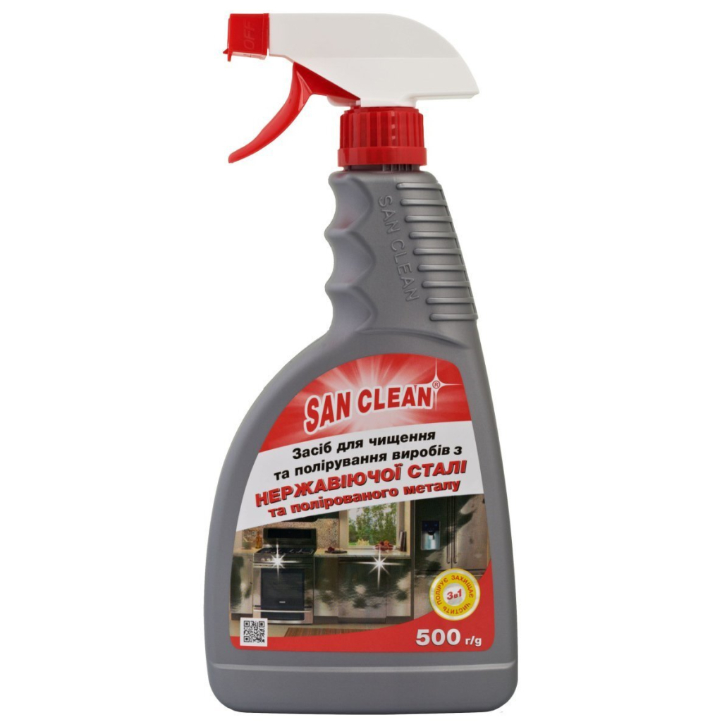 Спрей для чищення кухні San Clean для полірування виробів із сталі та металу 500 г (4820003543115) Спрей для чищення кухні San Clean для полірування виробів із сталі та металу 500 г (4820003543115)