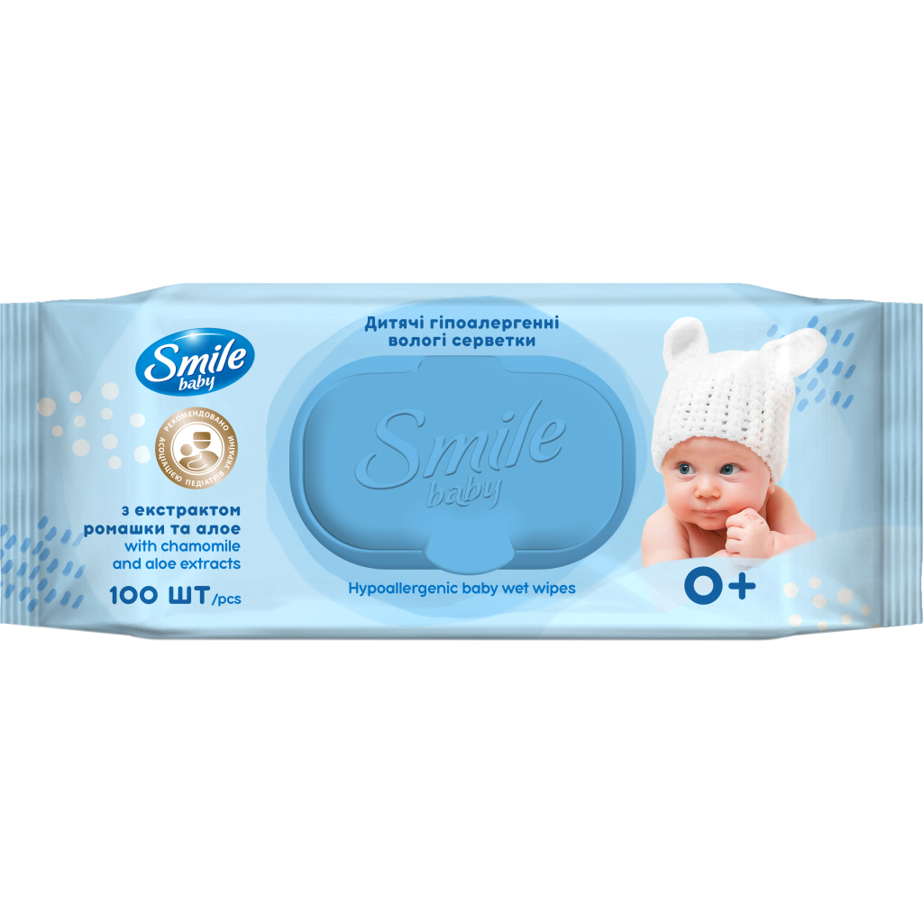 Дитячі вологі серветки Smile baby з екстрактом ромашки, алое і вітамінним комплексом з клапаном 100 шт (4823071653960) - фото 1 Дитячі вологі серветки Smile baby з екстрактом ромашки, алое і вітамінним комплексом з клапаном 100 шт (4823071653960) - фото 1