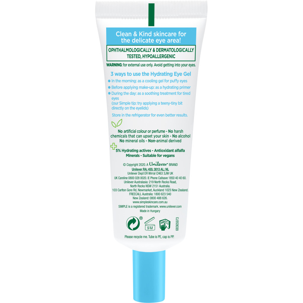 Гель для обличчя Simple Hydrating Eye Gel Water Boost Зволожуючий для області навколо очей 25 мл (8720181047879) - фото 2 Гель для обличчя Simple Hydrating Eye Gel Water Boost Зволожуючий для області навколо очей 25 мл (8720181047879) - фото 2