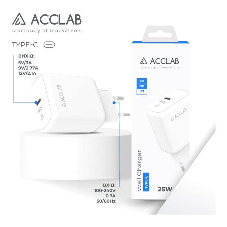 Зарядний пристрій ACCLAB AL-TC125 1хType-C 5В/3A/25W QC/PD3.0 (1283126538841) - фото 3
